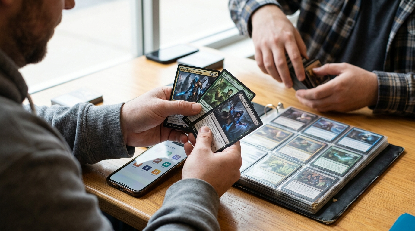 Digital MTG want list beside an organized trade binder