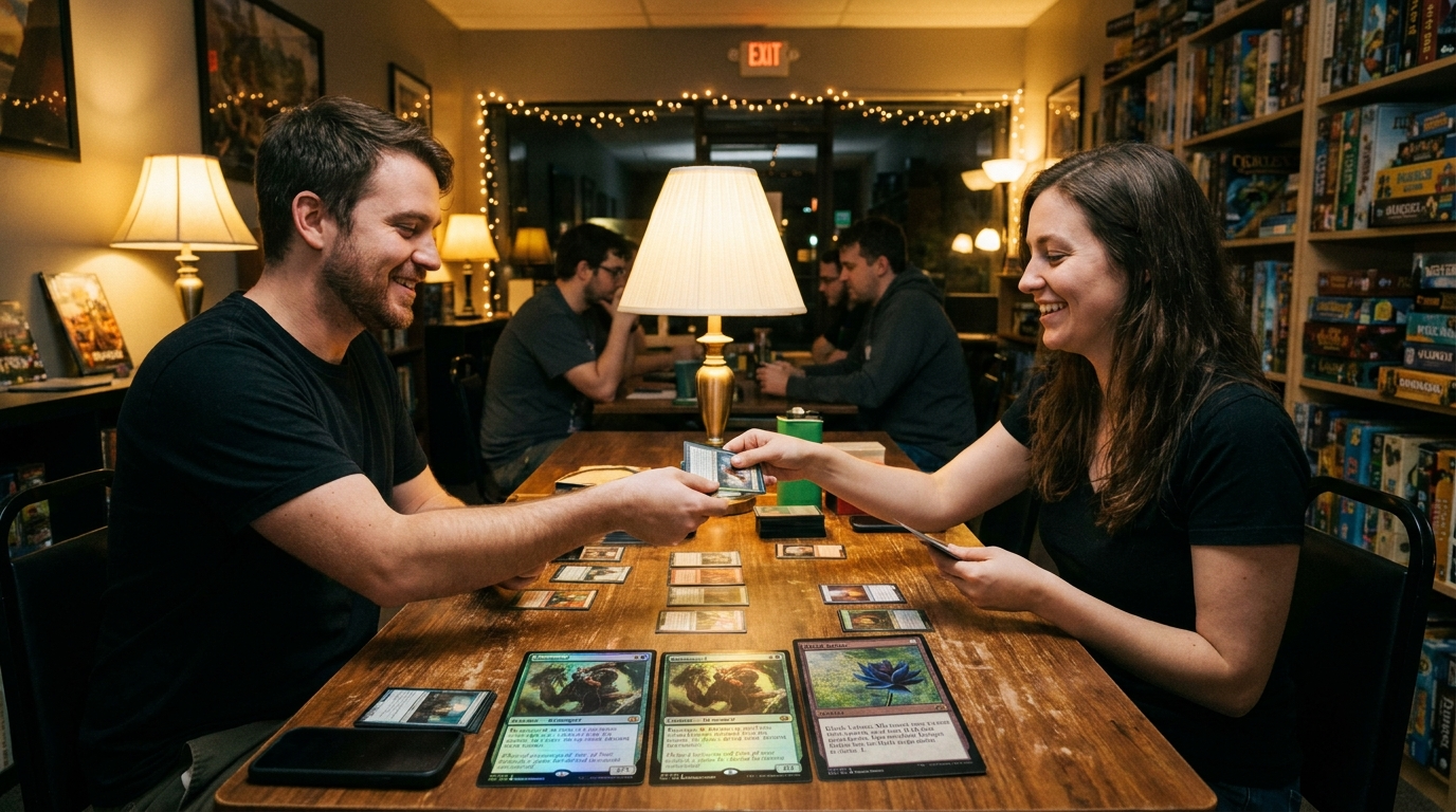 Two Magic: The Gathering players trading cards face-to-face at a local game store