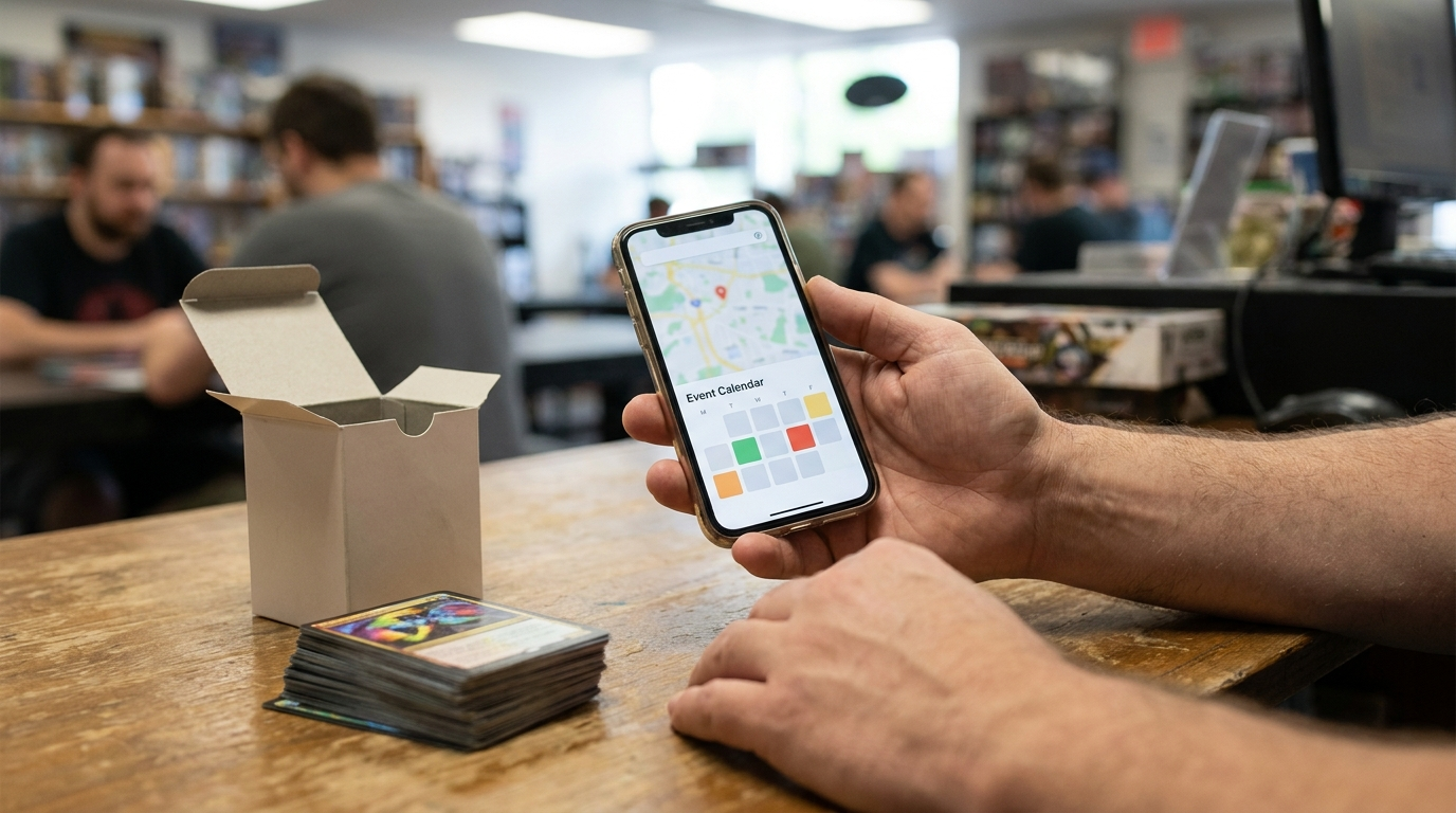 MTG player checking local events on a phone