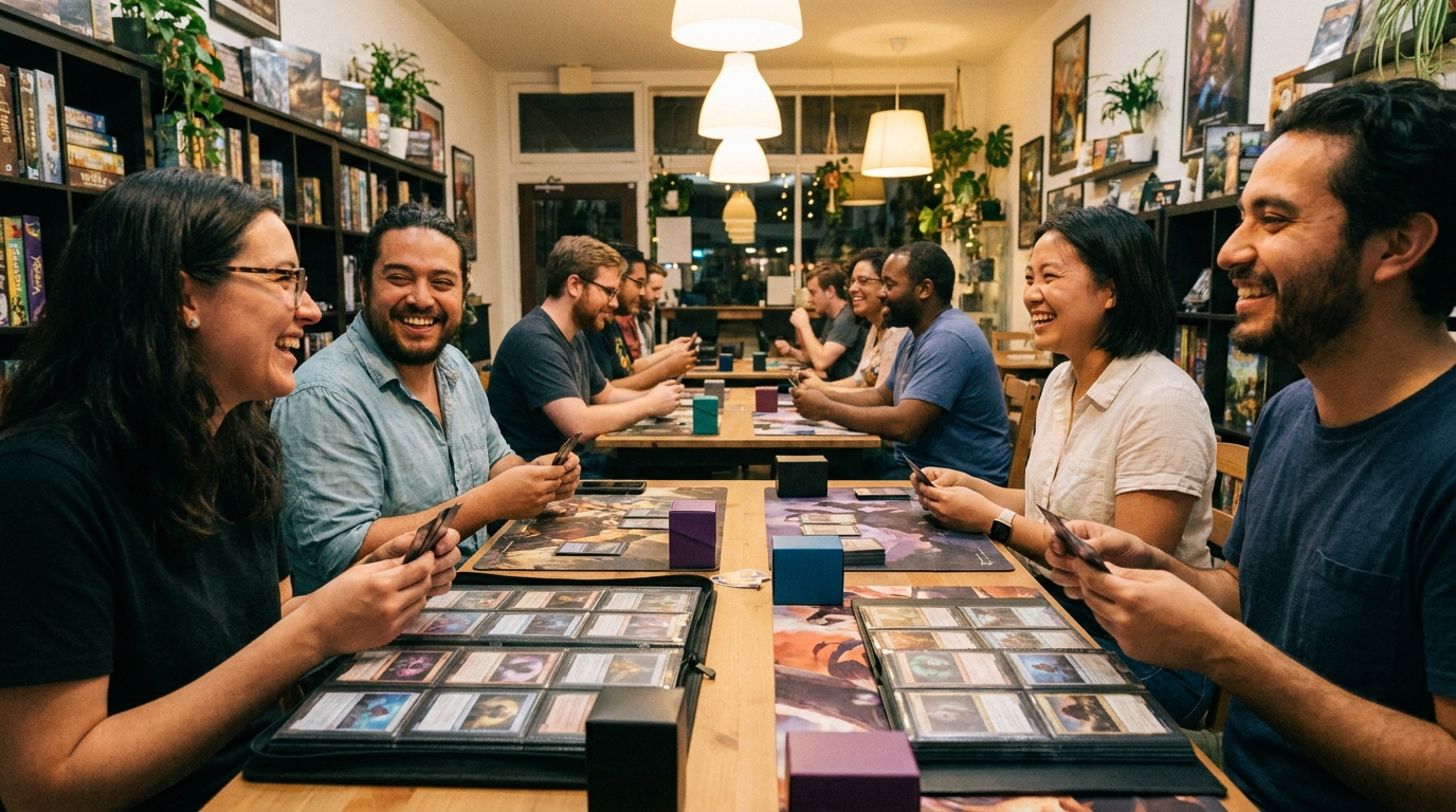 Local MTG players trading cards at a game store