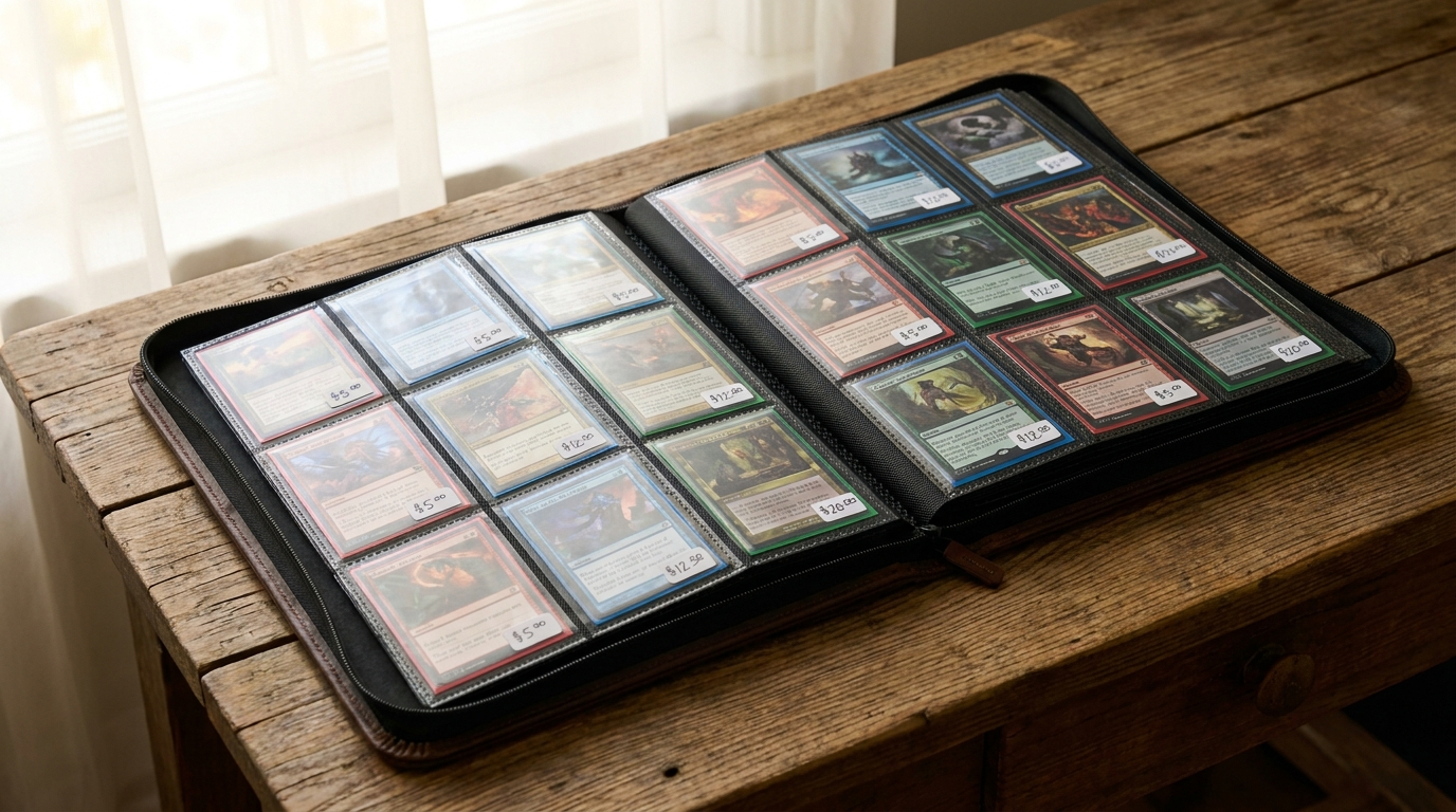 Well-organized Magic: The Gathering trade binder with labeled card sleeves on a wooden table